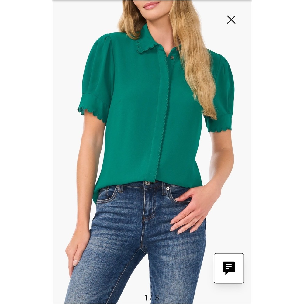 Women's Scalloped Puff-Sleeve Button-Front Top by Cece XS NWT